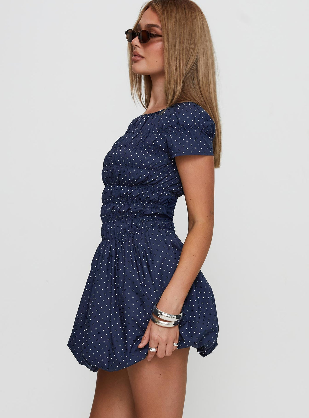 Kennedia Shirred Bubble Hem Mini Dress Navy