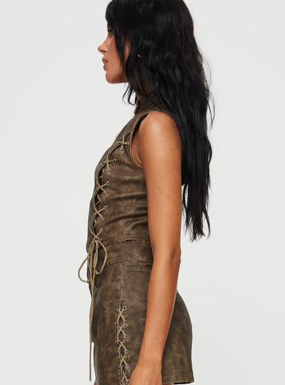Ceejay Faux Leather Top Brown