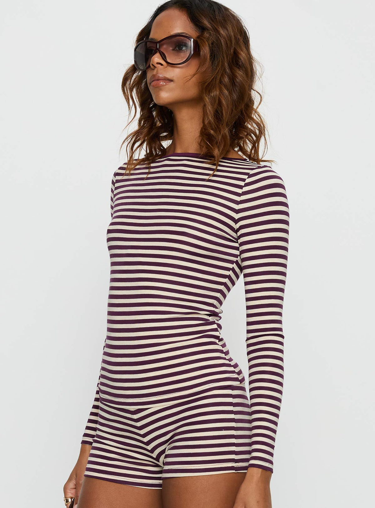 Caprise Wide Neck Long Sleeve Top Purple Stripe