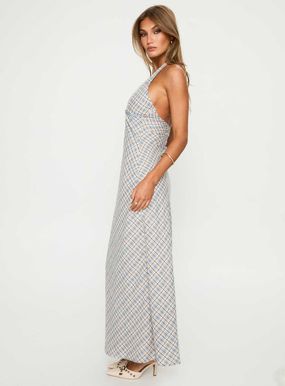 Evienna Halter Maxi Dress Blue Check