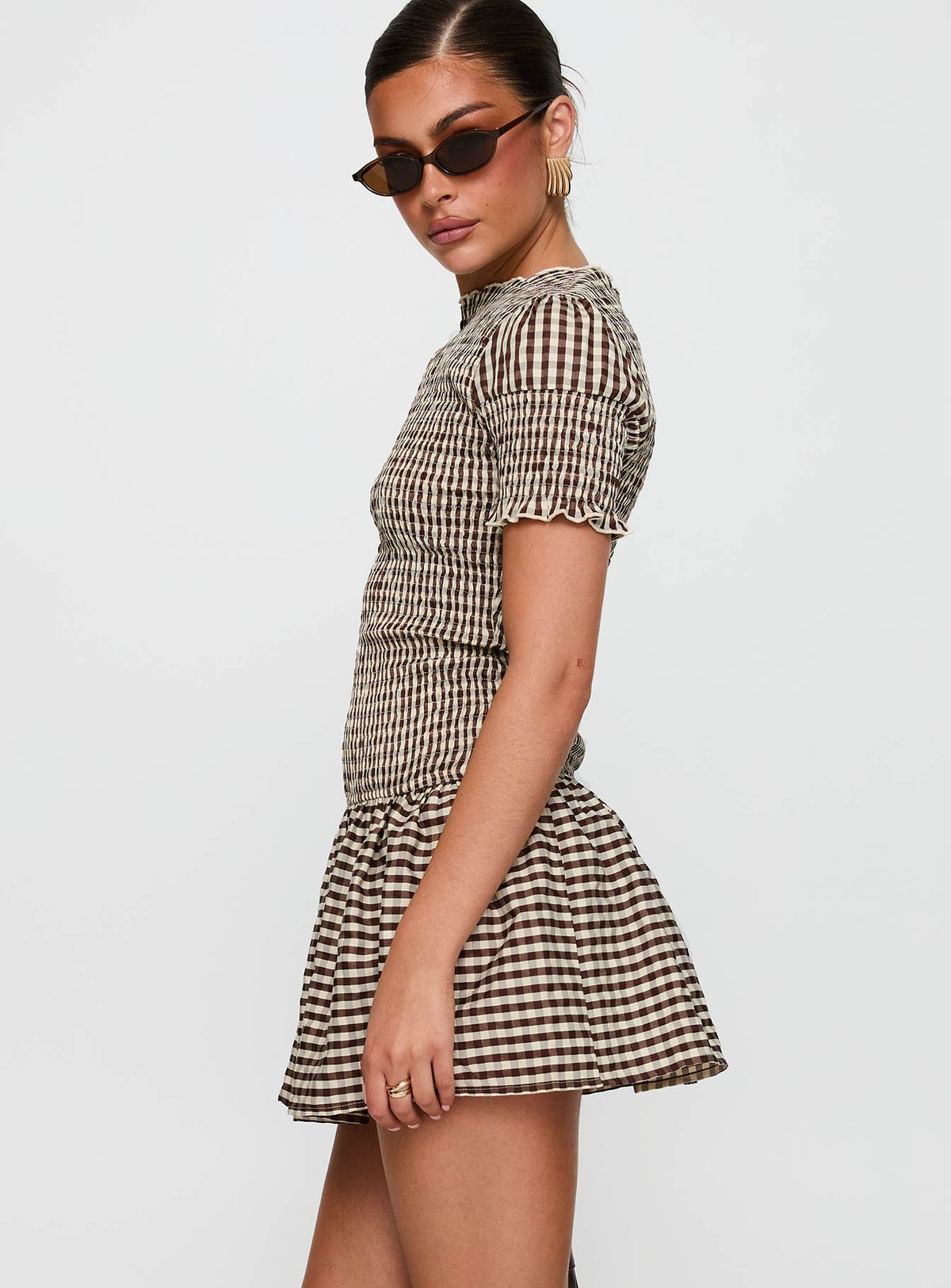 Laurita Shirred Mini Dress Brown Check