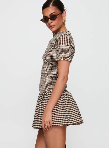 Laurita Shirred Mini Dress Brown Check