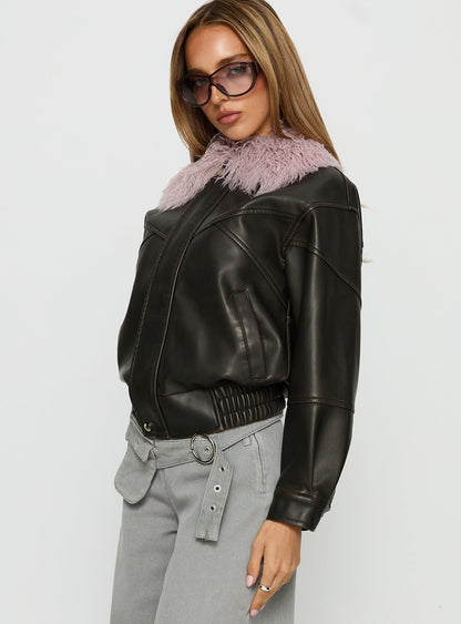 Brittanni Fluffy Collar Jacket Brown / Pink