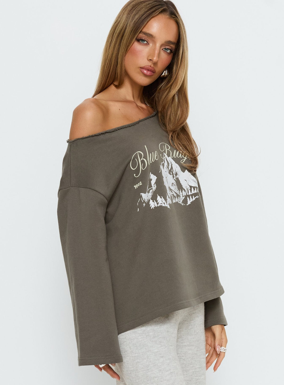 Blue Ridge Mountains Off Shoulder Graphic Sweater Grey