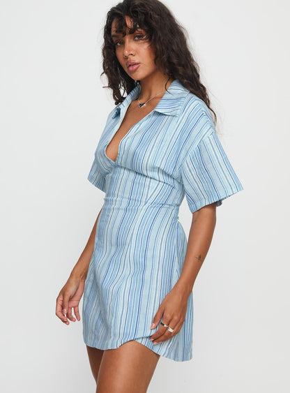 Wylla V Neck Linen Mini Dress Blue Stripe