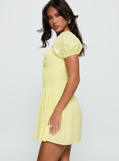 Ricotta Shirred Mini Dress Lemon
