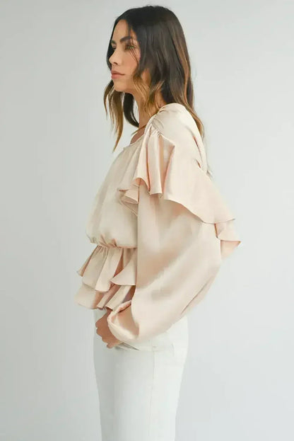 Oatmeal Lace-up Keyhole Back Ruffled Peplum Blouse | Femstylo