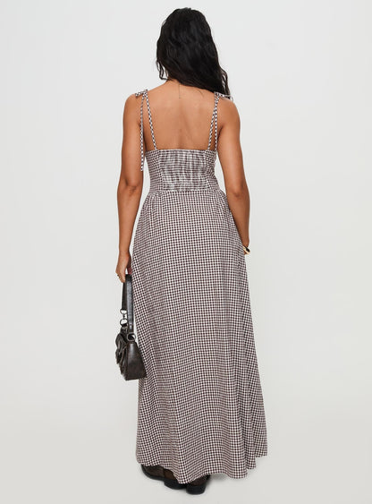 Dalanie Tie Strap Maxi Dress Brown Gingham Petite