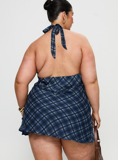 Laraline Halter Mini Dress Navy Check Curve