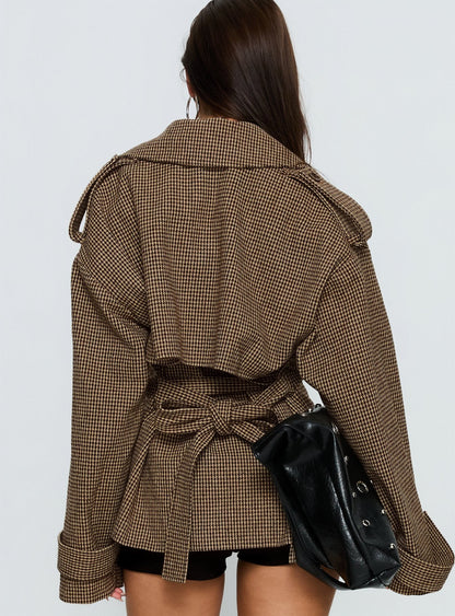 Brieanna Cropped Trench Coat Brown Check
