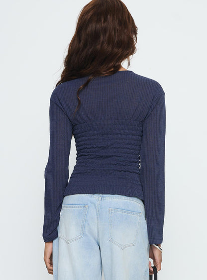 Bradly Shirred Long Sleeve Top Navy