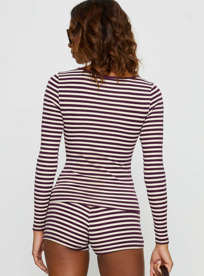 Caprise Wide Neck Long Sleeve Top Purple Stripe
