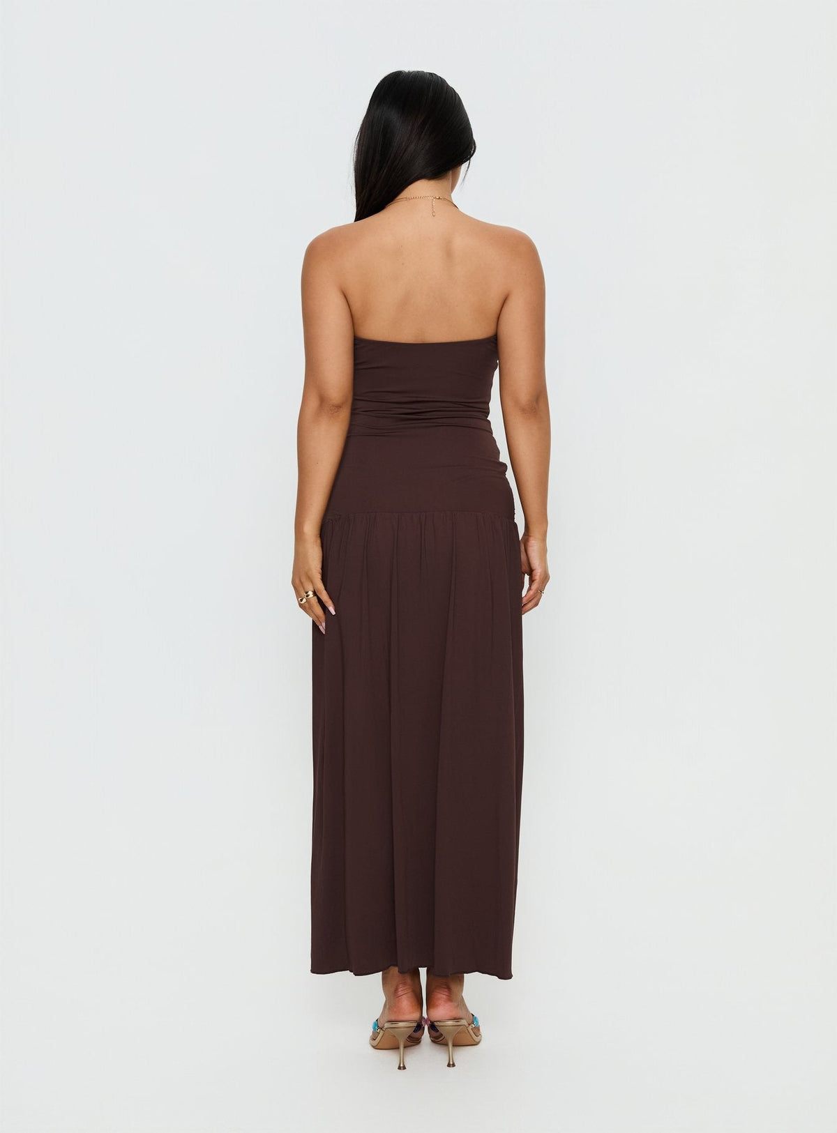 Alexe Strapless Ruched Maxi Dress Chocolate
