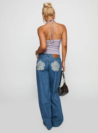 A Keeper Flower Patch Low Rise Wide Leg Jeans Mid Blue