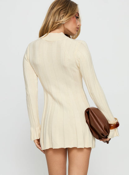 Carlee Rib Long Sleeve Mini Dress Cream