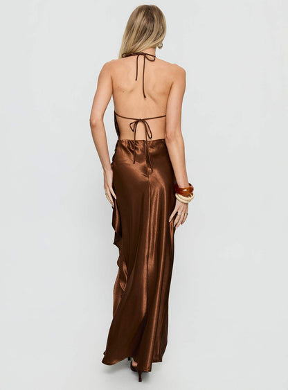 Annissa Plunge Halter Maxi Dress Dark Brown