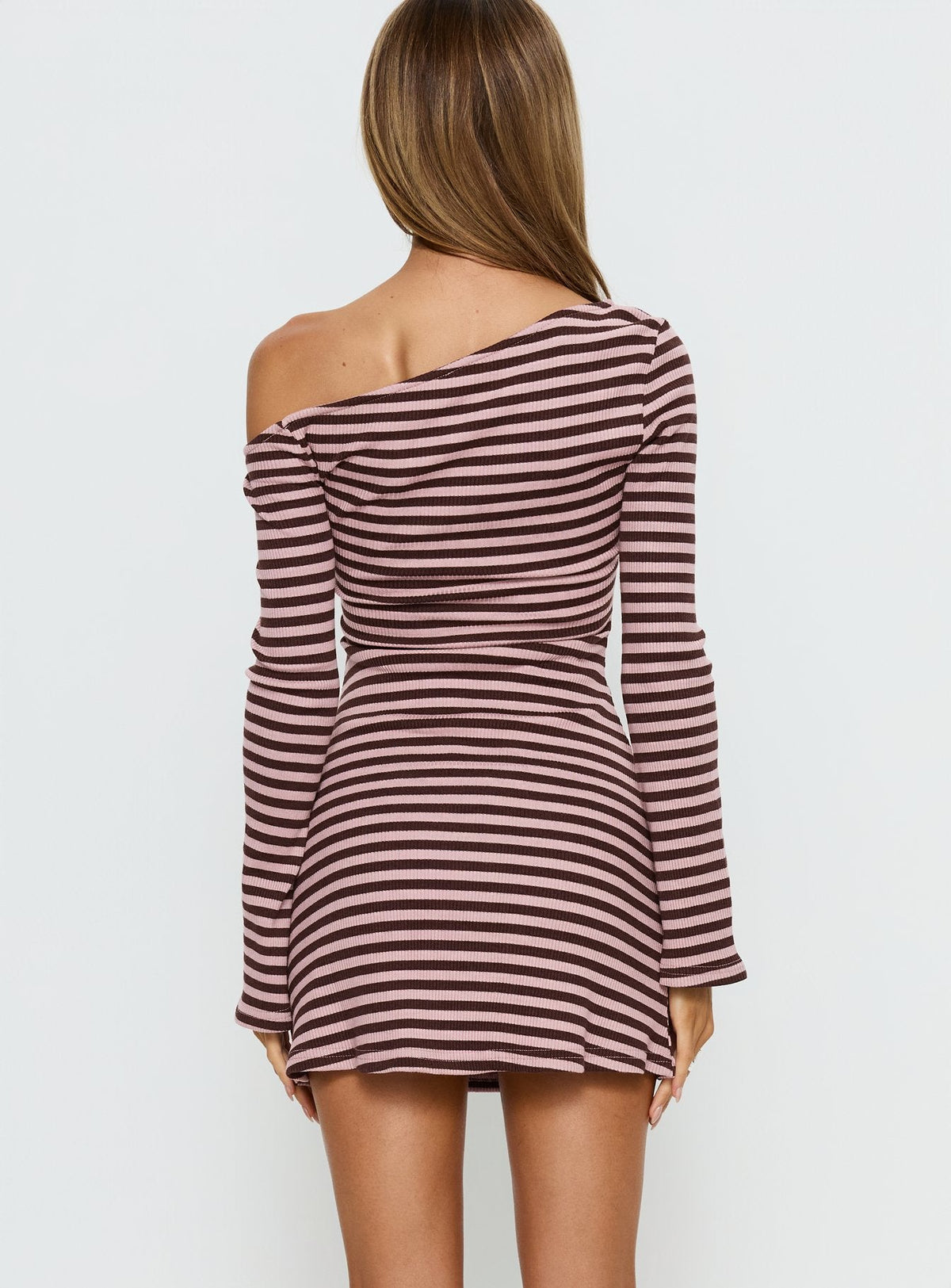 Adrietta Long Sleeve Off Shoulder Mini Dress Chocolate / Pink Stripe