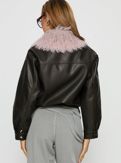 Brittanni Fluffy Collar Jacket Brown / Pink