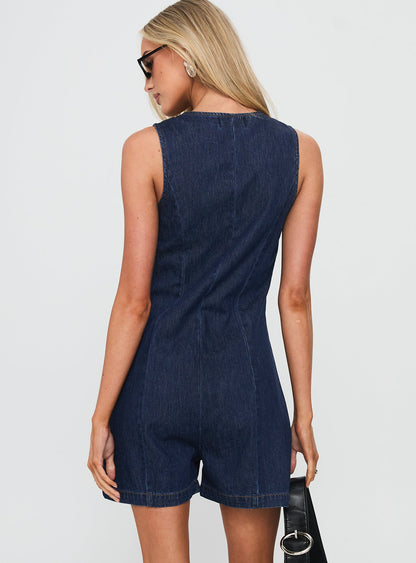 Arcore Button Up Denim Playsuit Dark Wash
