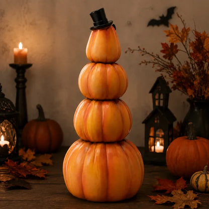 4-Tier Jack-O-Lantern Tower with Black Top Hat, Bats, Spider and Web, Glowing Hand-Painted