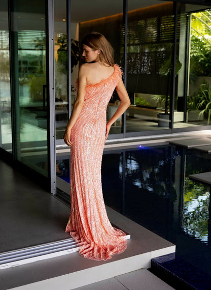 Primavera Couture 4112 Long Sequin Prom Feather Formal Dress