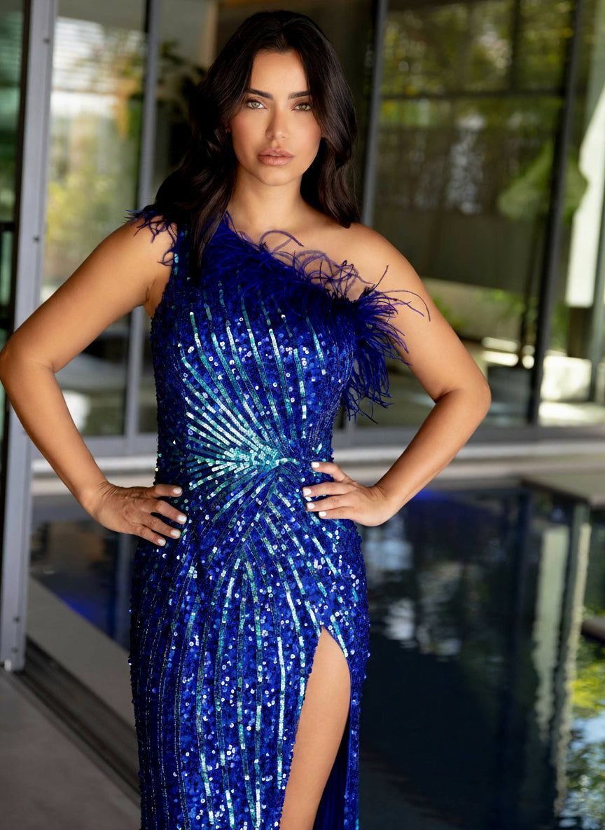 Primavera Couture 4112 Long Sequin Prom Feather Formal Dress