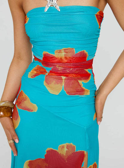 Katara Strapless Maxi Dress Blue / Orange Floral