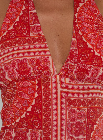 Alvira Halter Mini Dress Red Paisley