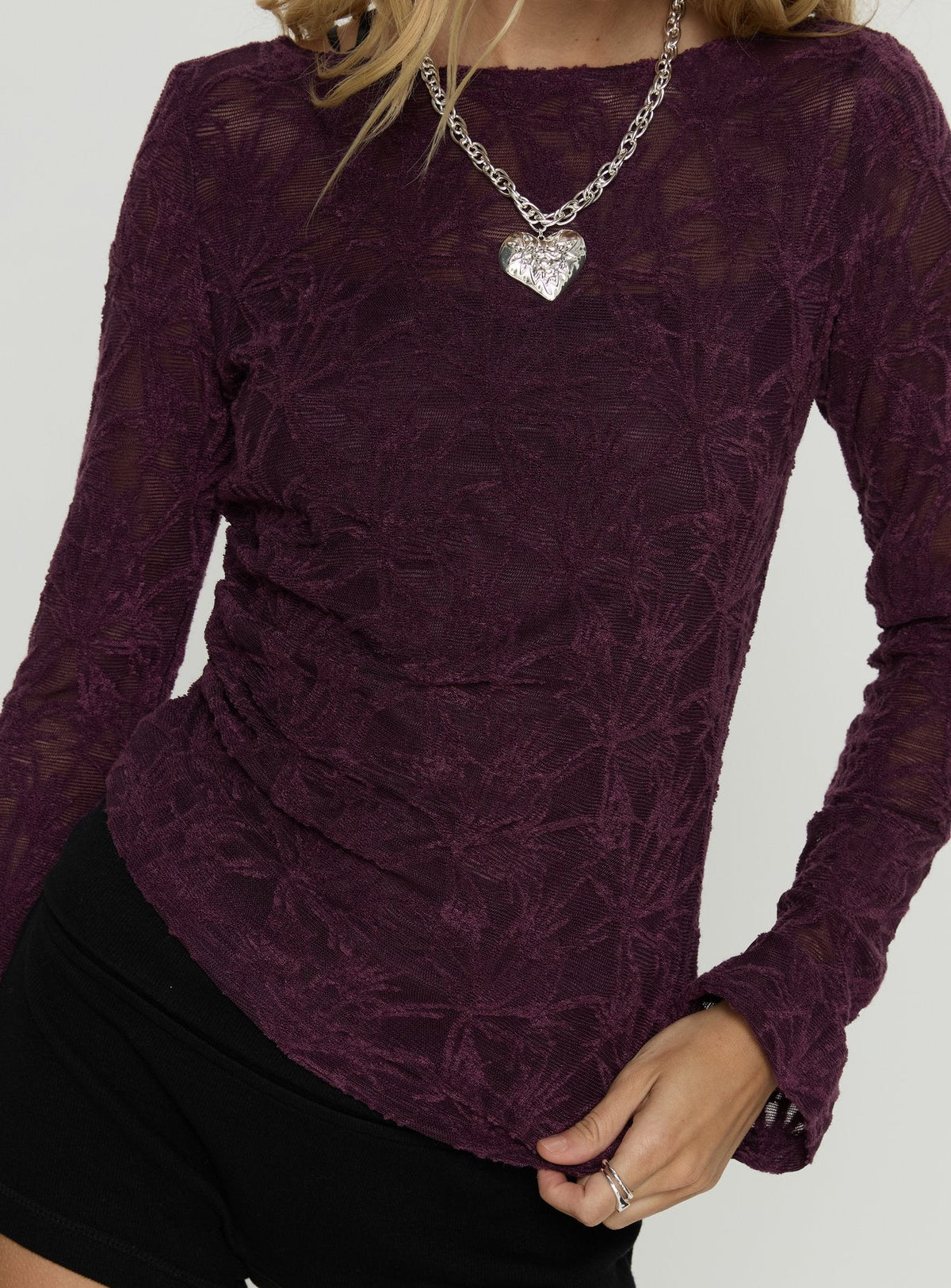 Branna Ruched Lace Long Sleeve Top Plum