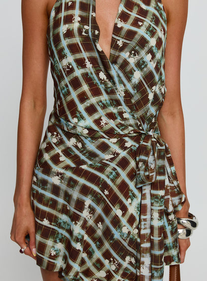 Brissa Halter Wrap Mini Dress Brown Multi