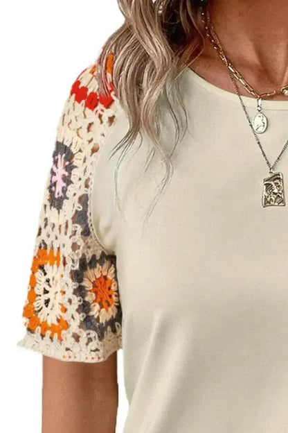 Geometric Round Neck Short Sleeve Blouse | Femstylo