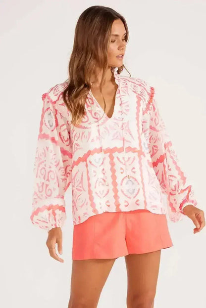 Desert Flower Vintage Print Smocked Poet Collar Blouse | Femstylo