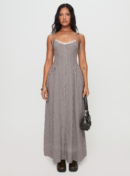 Dalanie Tie Strap Maxi Dress Brown Gingham Petite
