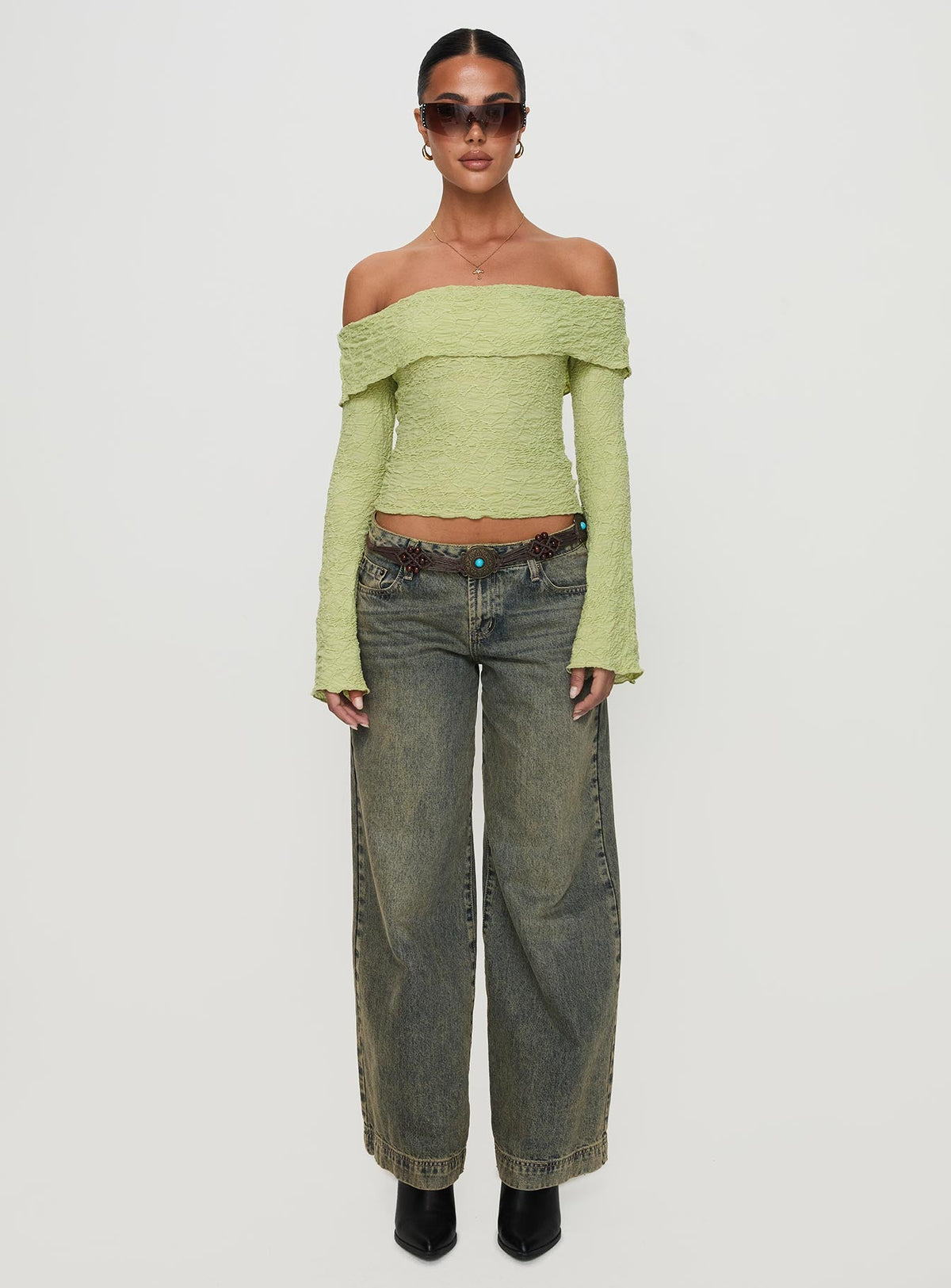 Back With Love Off Shoulder Long Sleeve Top Green