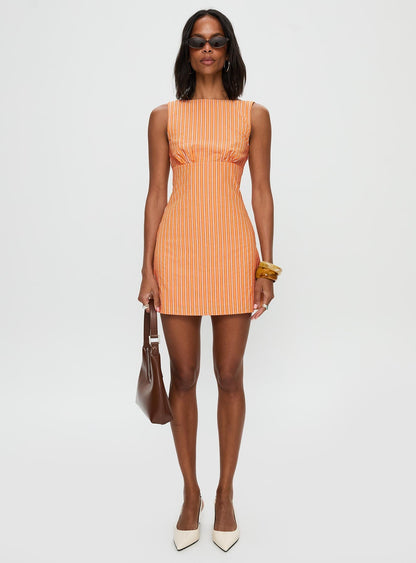Ellesandra Boat Neck Mini Dress Orange Stripe
