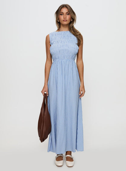 Fables Shirred Maxi Dress Blue Gingham