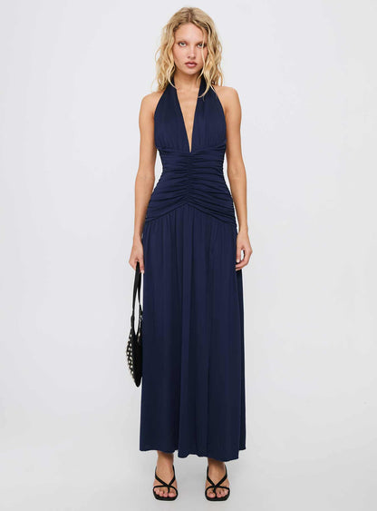 Diona Halter Ruched Maxi Dress Navy
