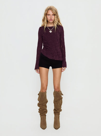 Branna Ruched Lace Long Sleeve Top Plum