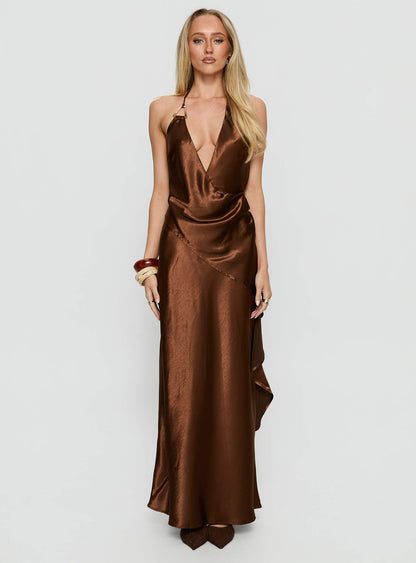 Annissa Plunge Halter Maxi Dress Dark Brown