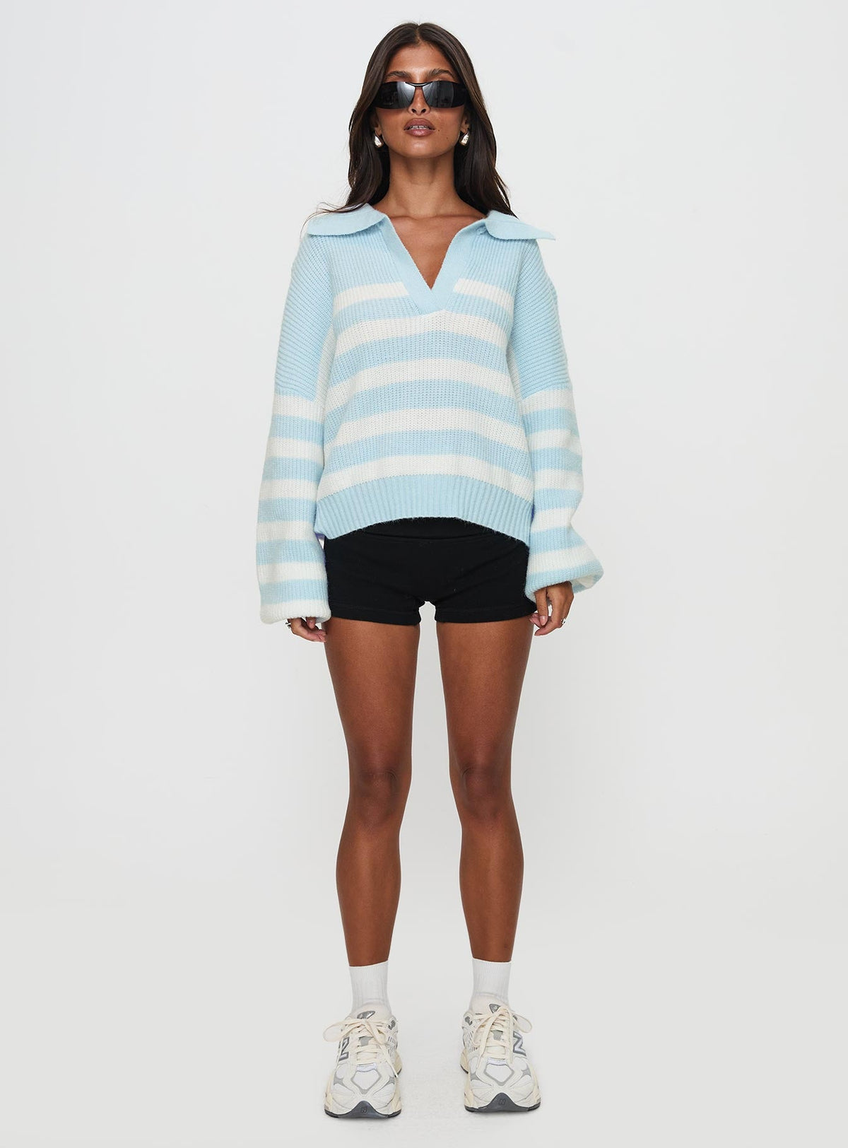 Carolena Long Sleeve Collared Knit Sweater Blue / White Stripe