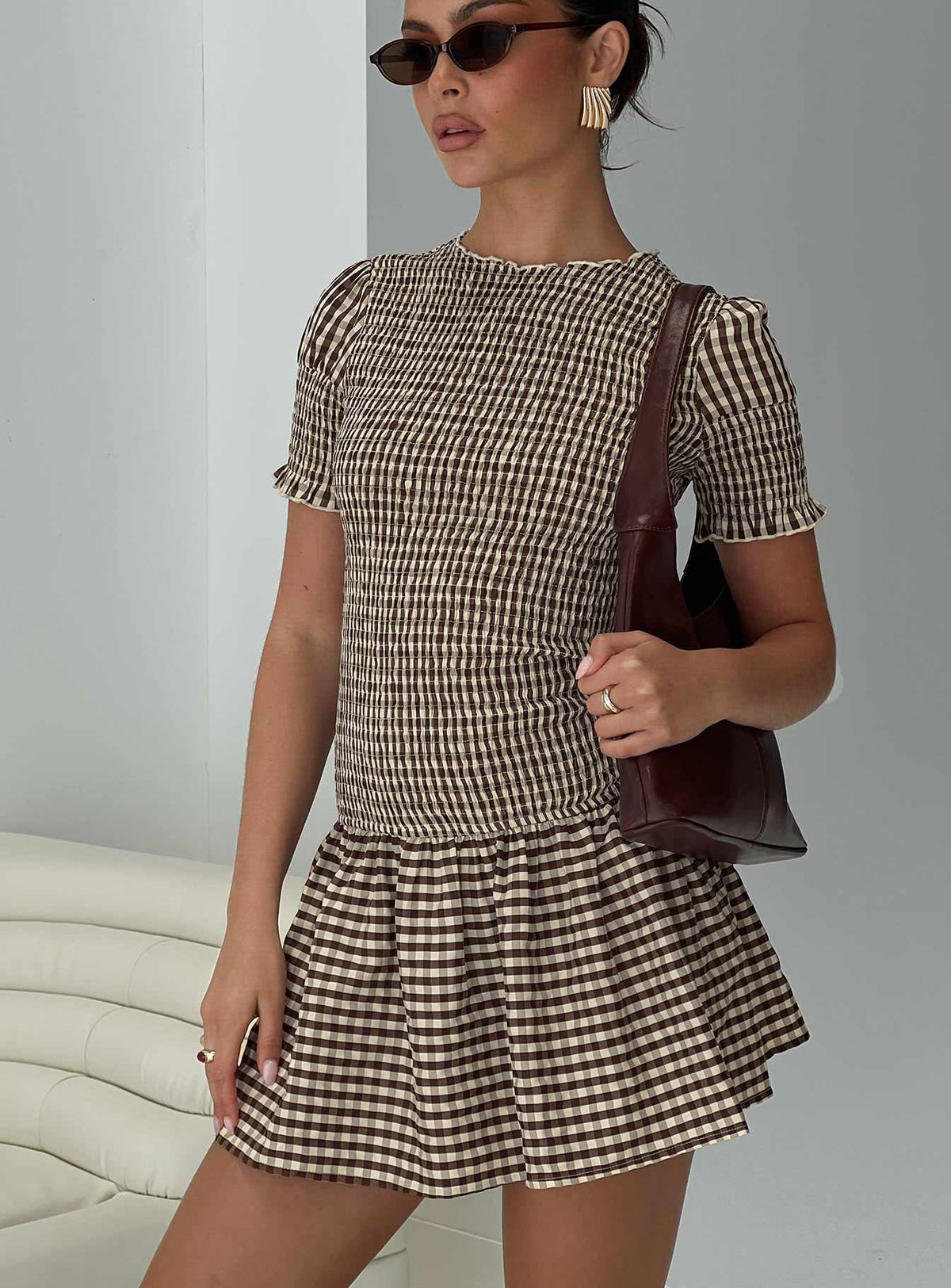 Laurita Shirred Mini Dress Brown Check