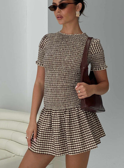 Laurita Shirred Mini Dress Brown Check