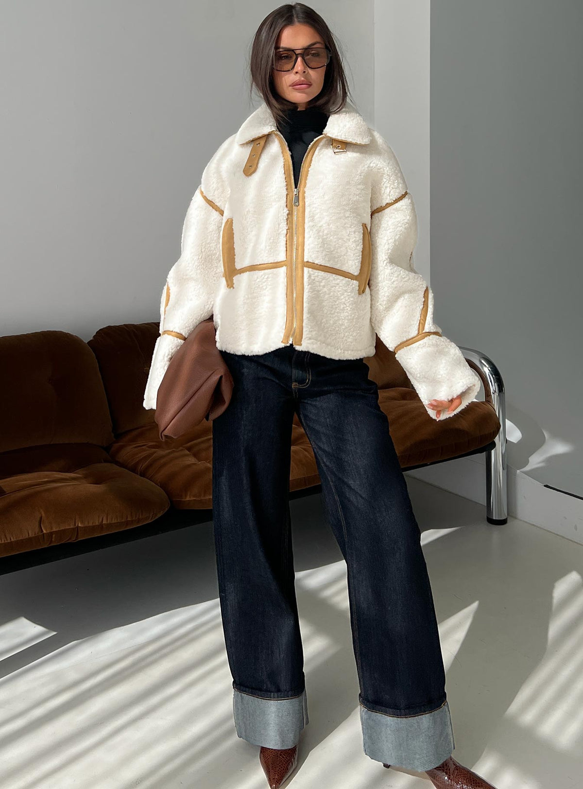 Briane Contrast Teddy Jacket White