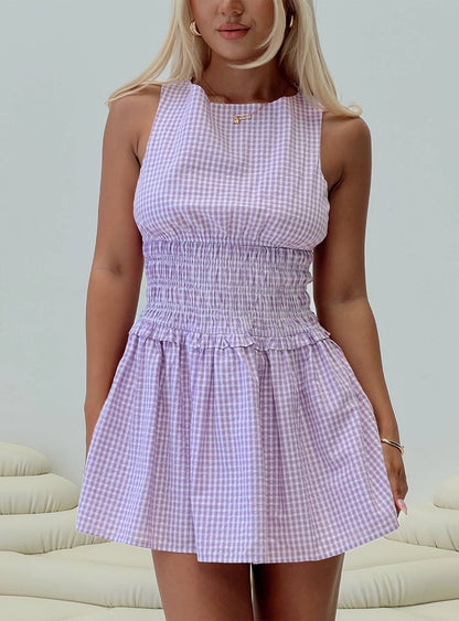 Yennifer Shirred Mini Dress Purple Check