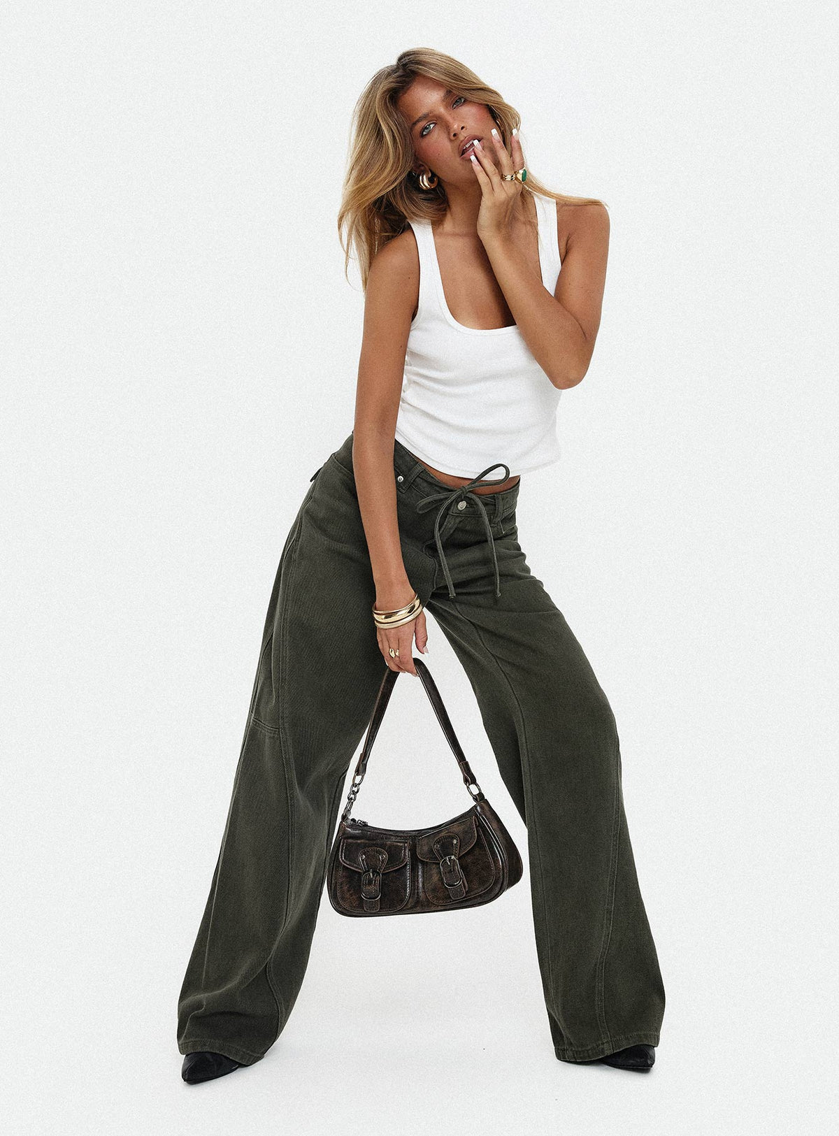 Bruiser Tie Waist Mid Rise Wide Leg Jeans Green Petite