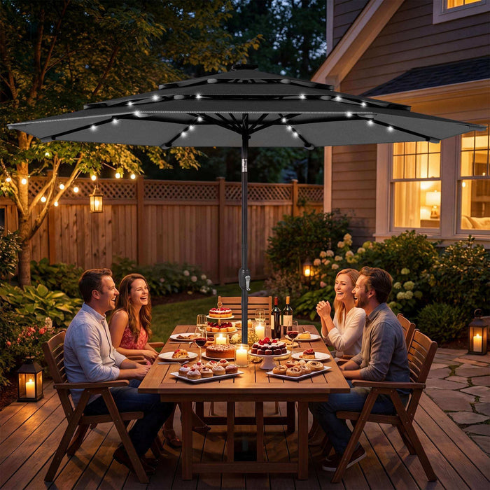 9.7 ft outdoor patio umbrella with solar LED lights and vented canopy over table