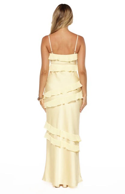 Audra Yellow Ruffle Satin Maxi Dress