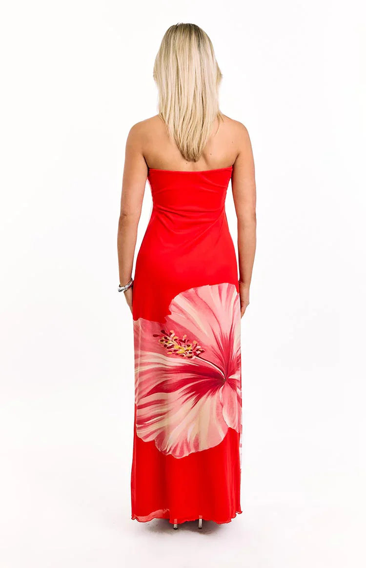 Braelyn Orange Hibiscus Print Strapless Maxi Dress