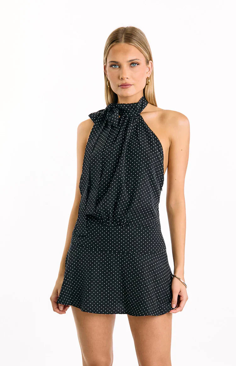 Bryan Black Polka Dot Halter Neck Mini Dress