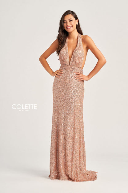Colette CL5115 Sequin Prom Long Halter Formal Dress